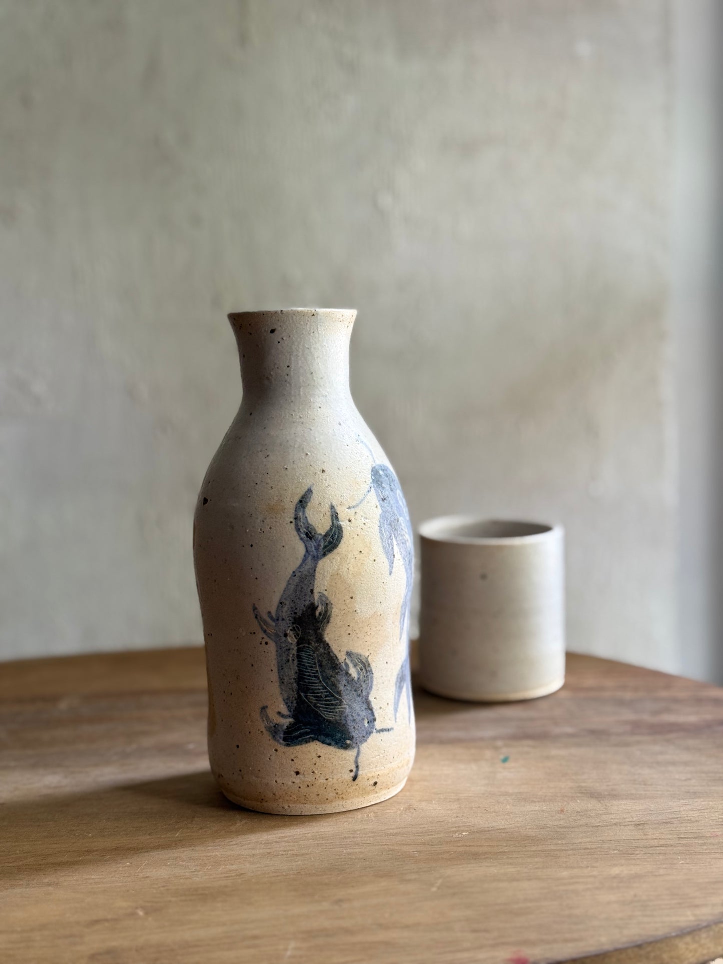 Wheel Thrown- Ceramic Carafe/Water Bottle with tumbler- Koi #3