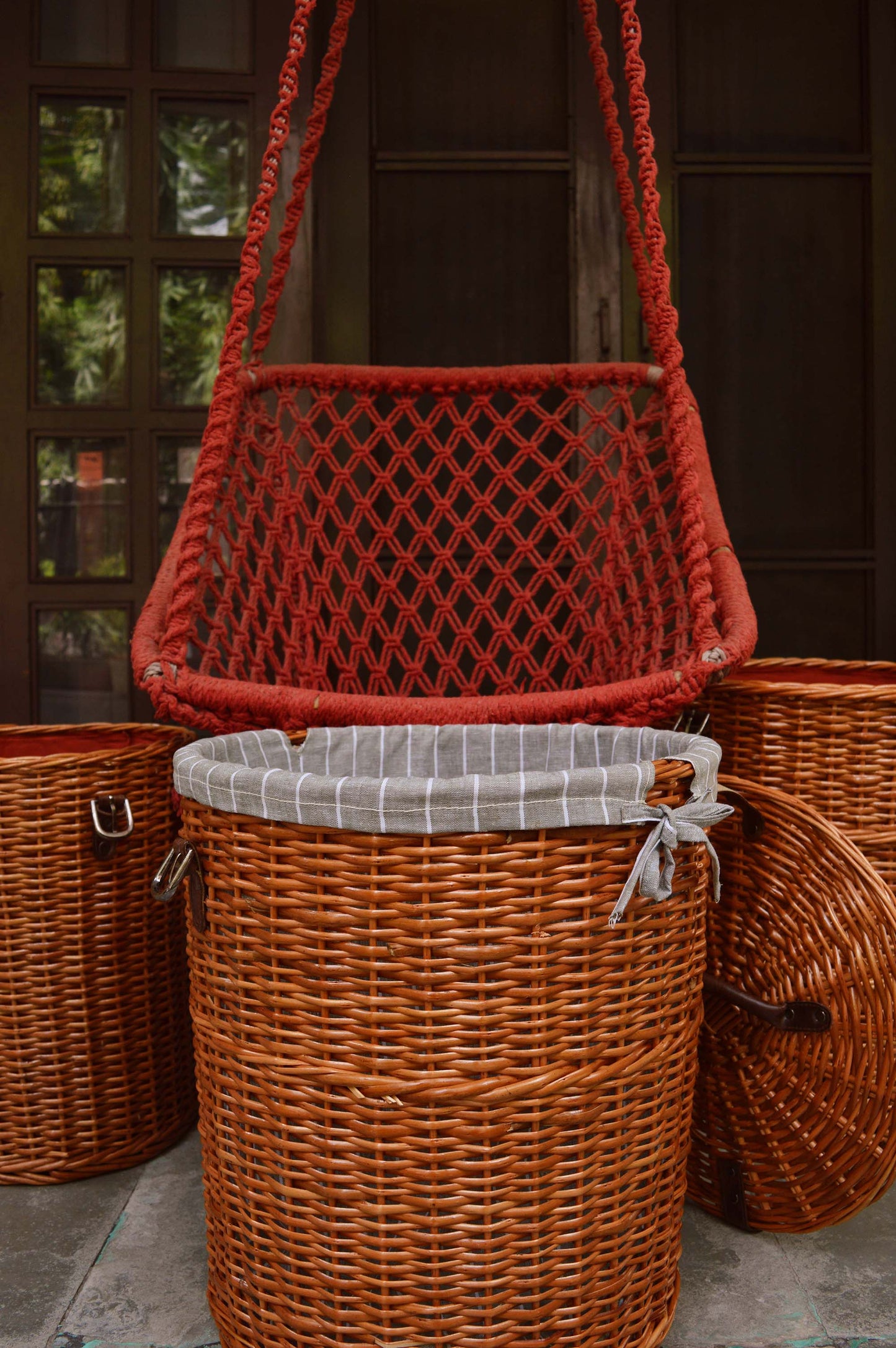 Natural Wicker Round Laundry Basket- Large- Pinstripe Aqua Grey