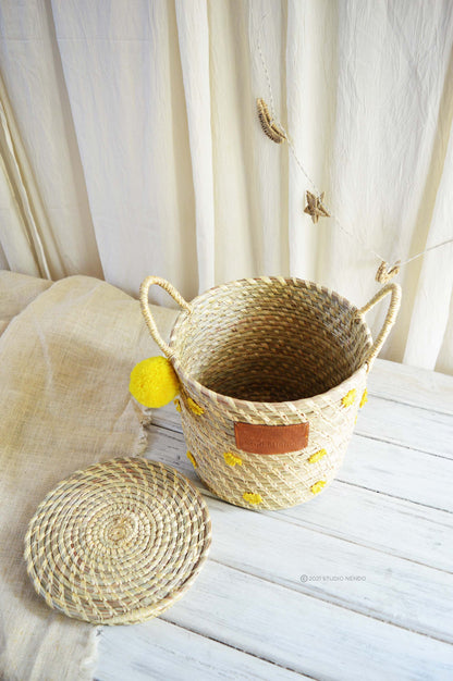 Moonj Grass Lided Storage Basket- Marigold Flowers