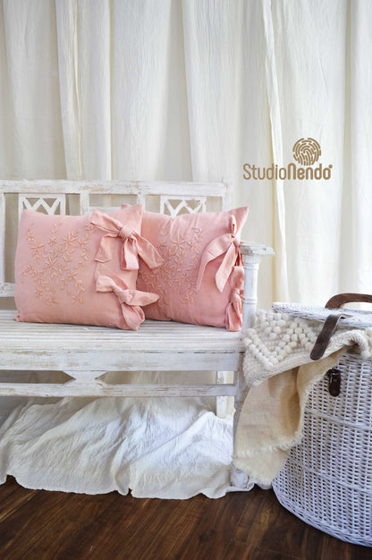 Hand embroidered Linen Cushion Cover- Peachy Pink