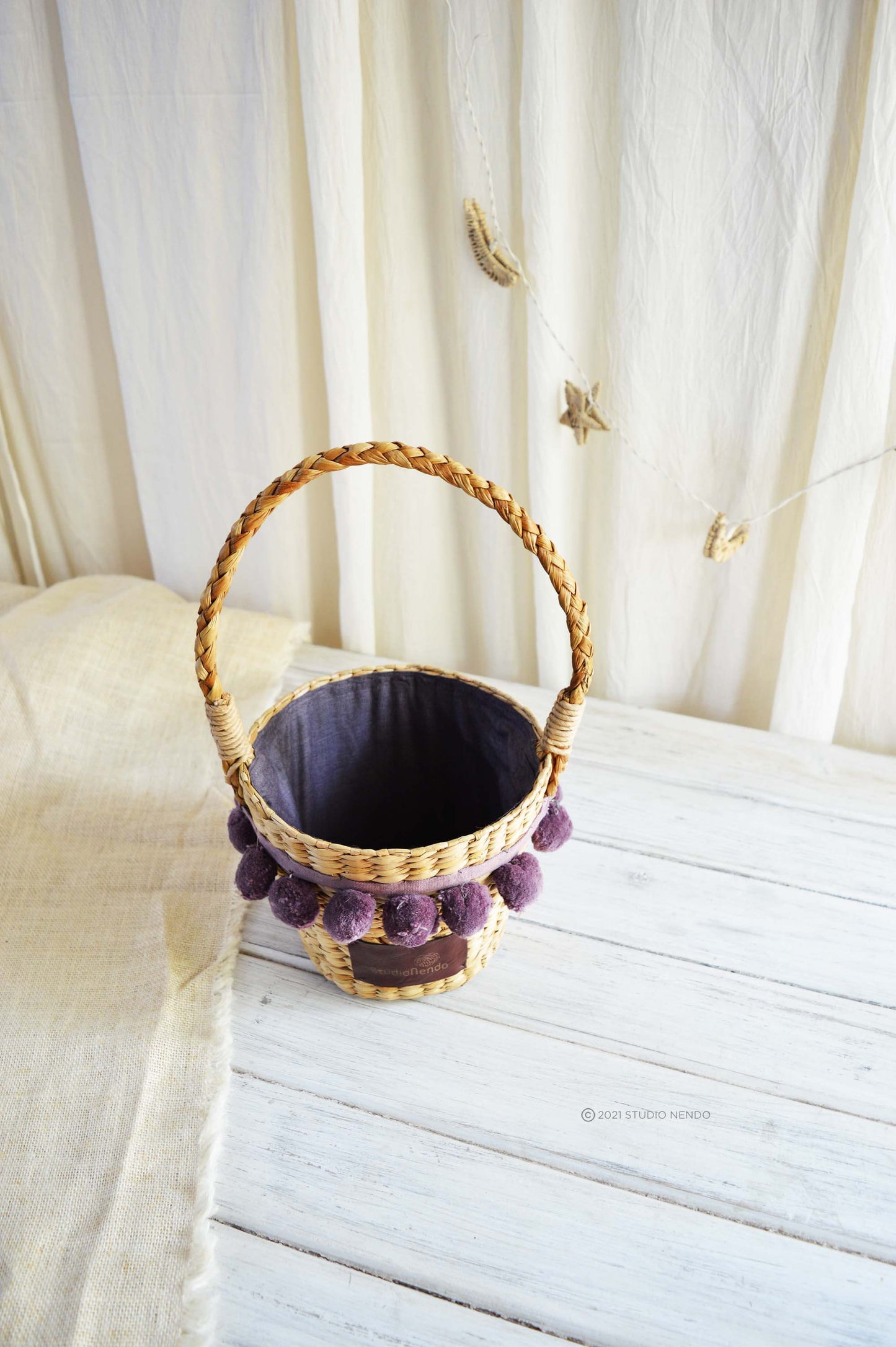 Sea Grass Pom-Pom Basket- Wineberry