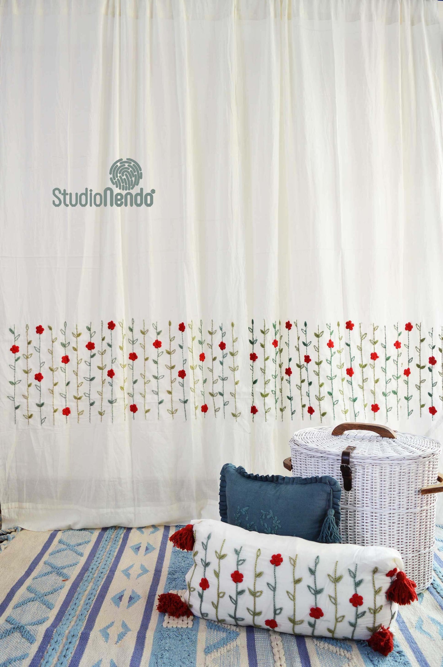Hand embroidered Mulmul Curtain- Flowering Meadow series- Poppy