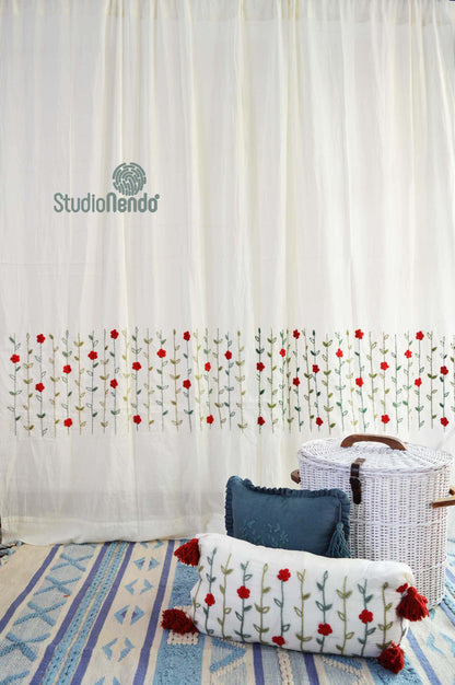 Hand embroidered Mulmul Curtain- Flowering Meadow series- Poppy