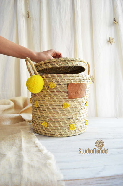 Moonj Grass Lided Storage Basket- Marigold Flowers