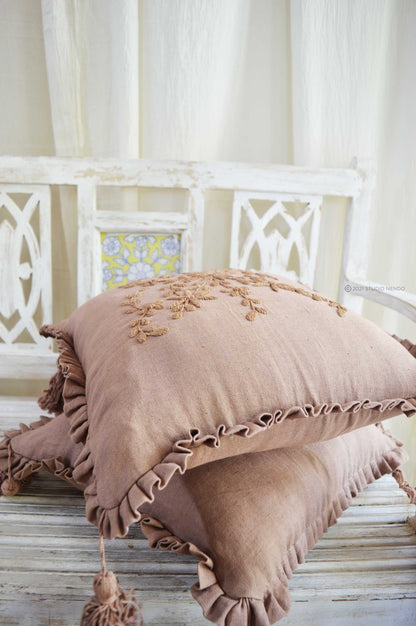 Hand embroidered Linen Cushion Cover- Warm Taupe