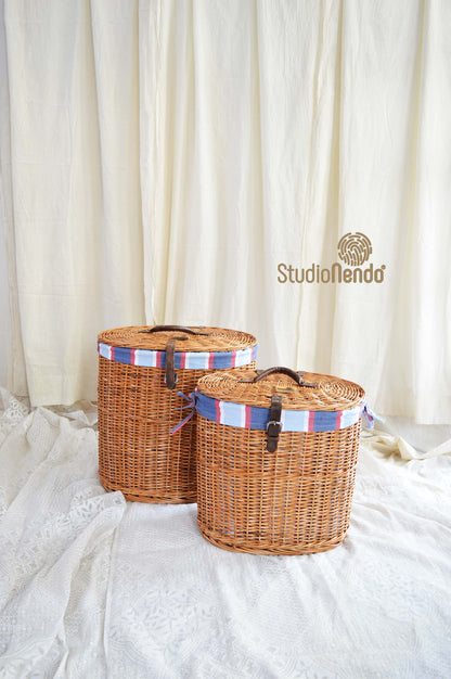Natural Wicker Oval Laundry Basket- Stripe