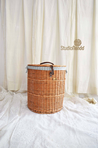 Natural Wicker Round Laundry Basket- Medium- Pinstripe Aqua Grey