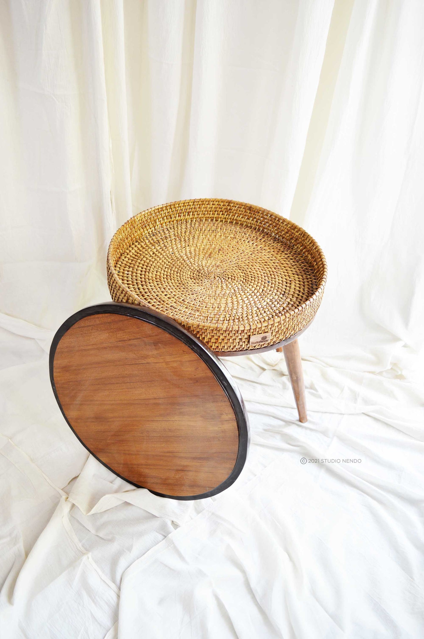 Circular Standing Storage Basket/Coffee Table- Cane & Wood