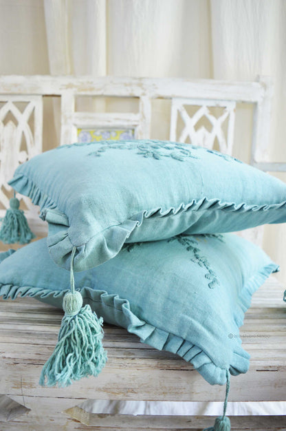 Hand embroidered Linen Cushion Cover- Cool Sky Blue