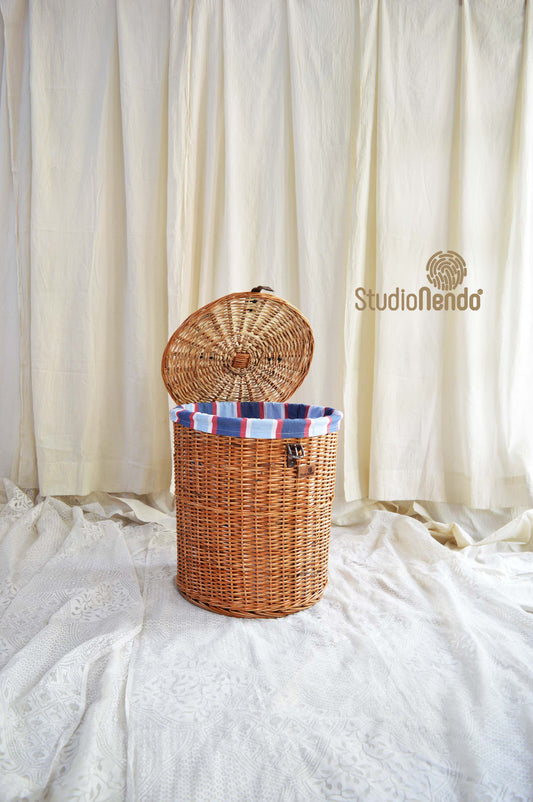 Natural Wicker Round Laundry Basket- Stripe