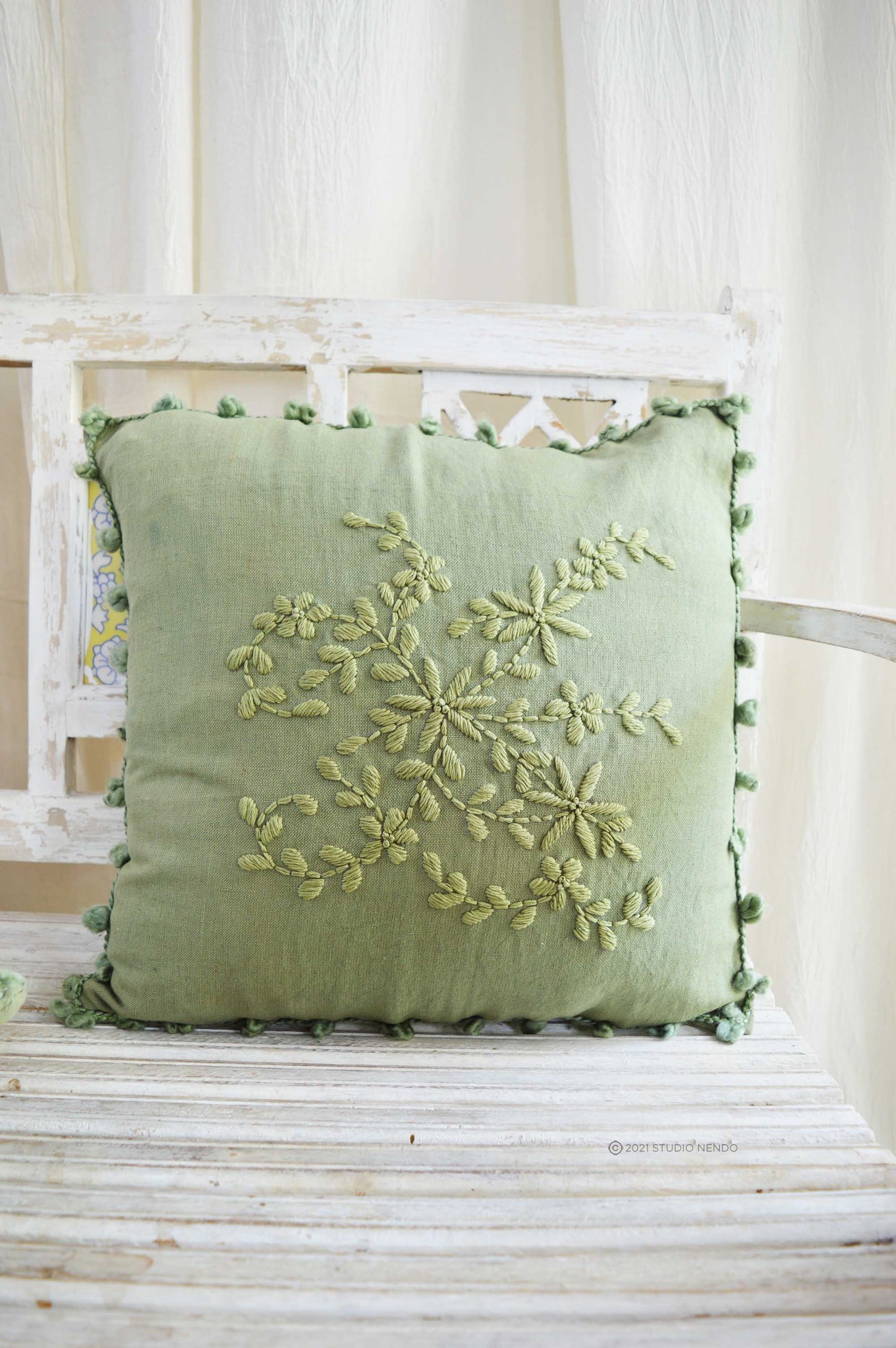 Hand embroidered Linen Cushion Cover- Olive Green
