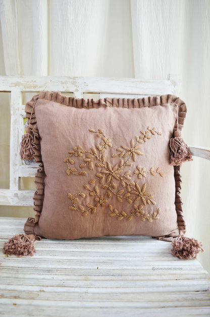 Hand embroidered Linen Cushion Cover- Warm Taupe