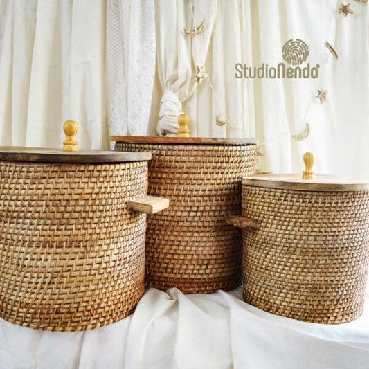 Cane Laundry Basket with Mango Wood Lid - (Small 12x12)