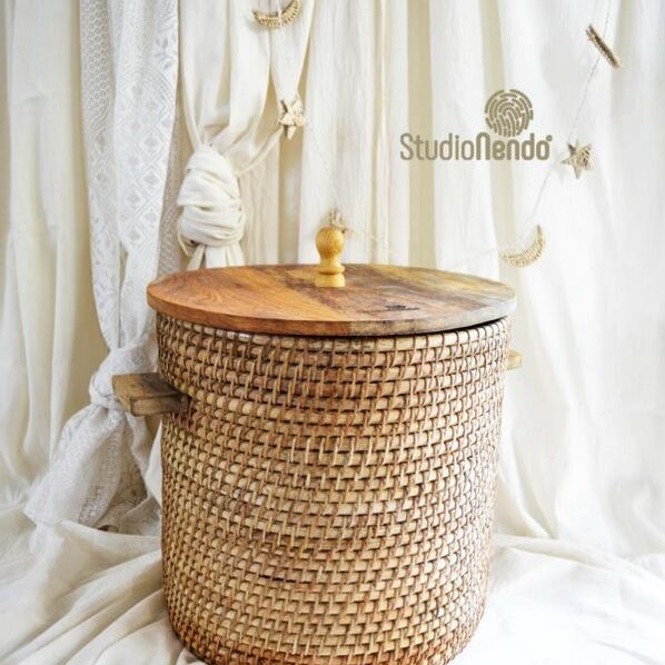 Cane Laundry Basket with Mango Wood Lid - (Small 12x12)