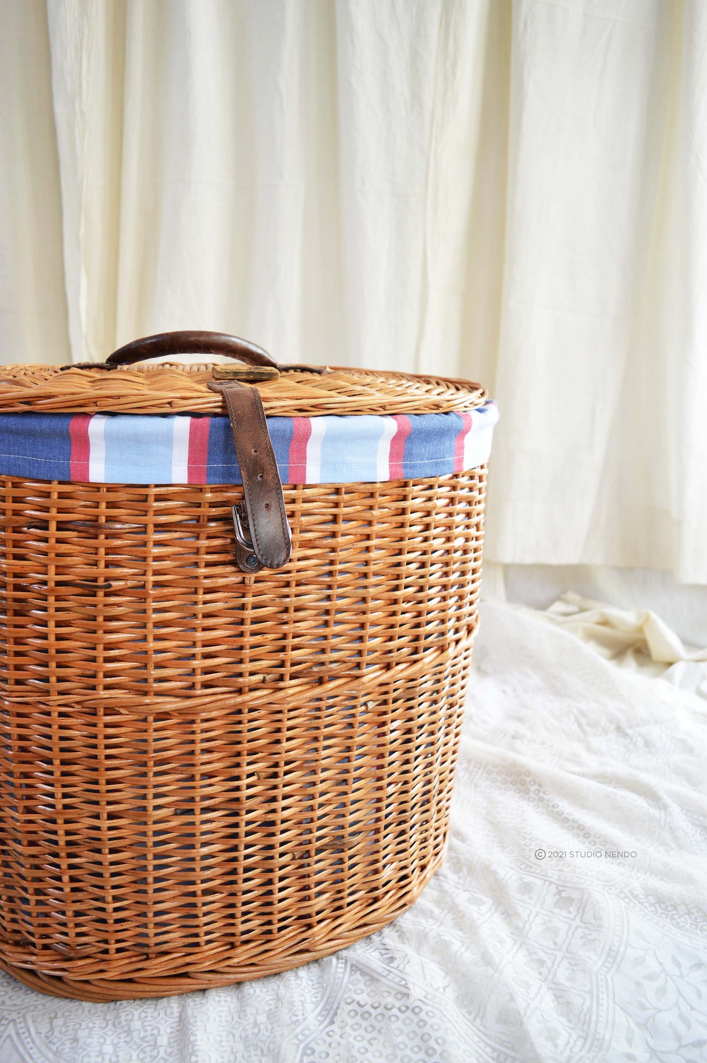 Natural Wicker Oval Laundry Basket- Small- Stripe