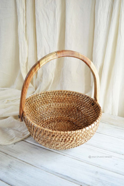 Cane Produce Basket with Wooden Handle