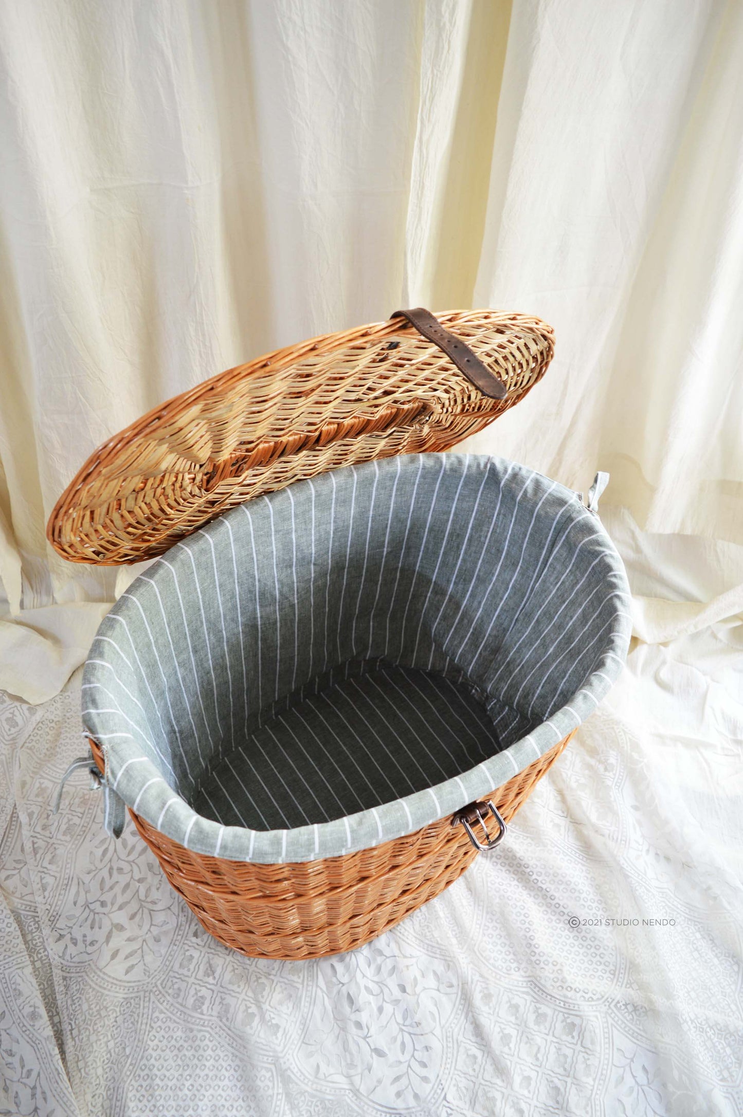 Natural Wicker Oval Laundry Basket- Large- Pinstripe Aqua Grey