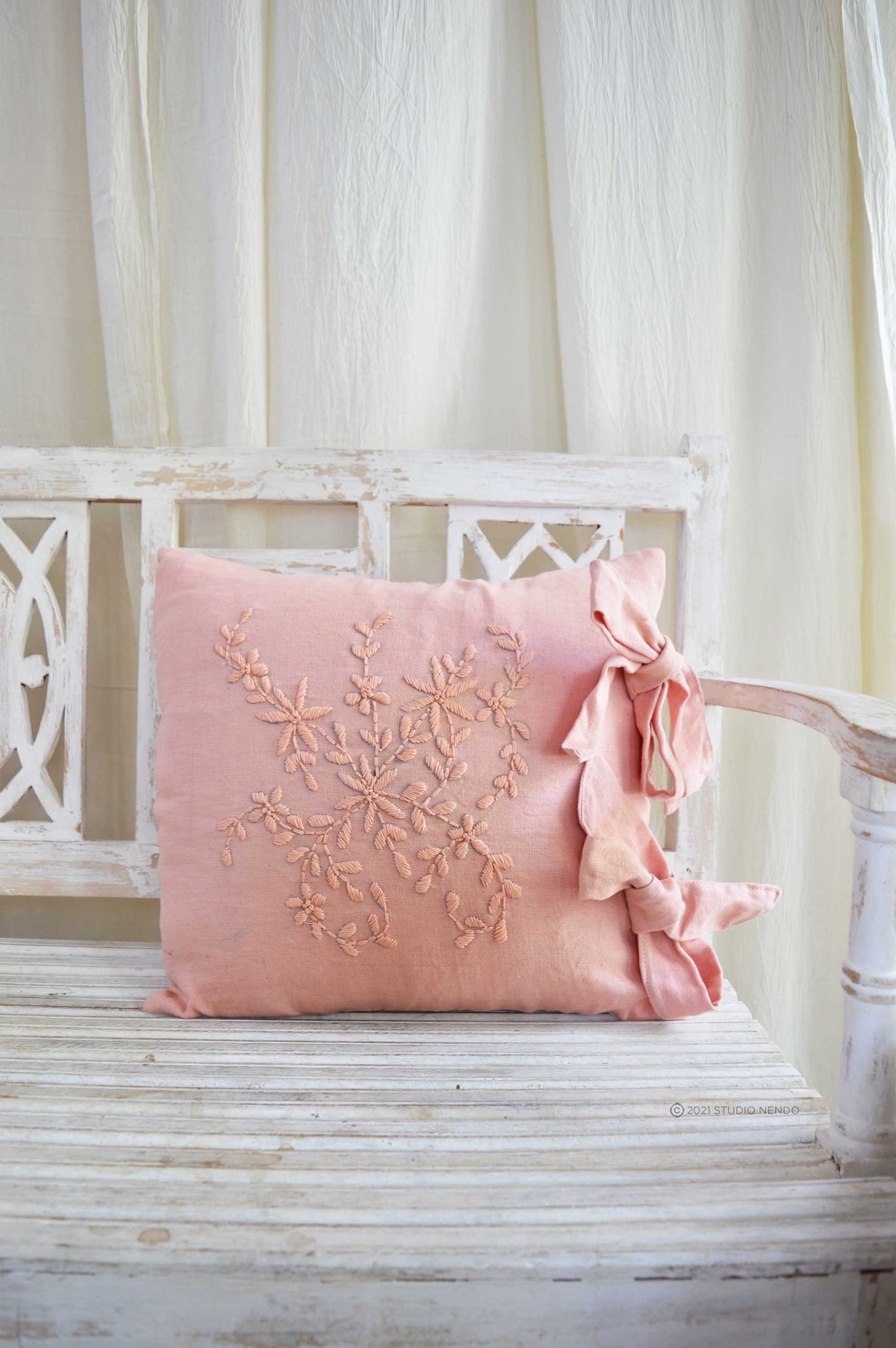 Hand embroidered Linen Cushion Cover- Peachy Pink