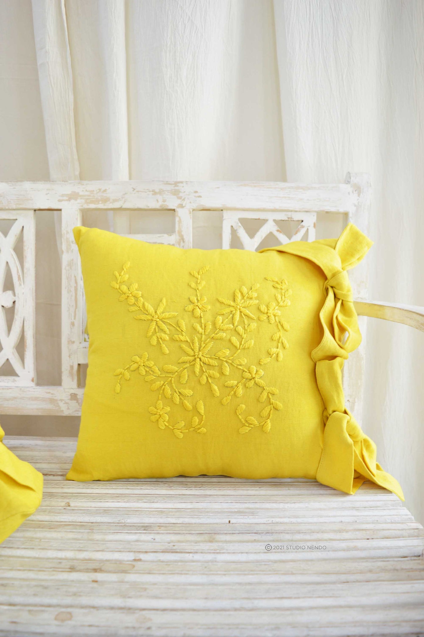 Hand embroidered Linen Cushion Cover- Sunshine Yellow