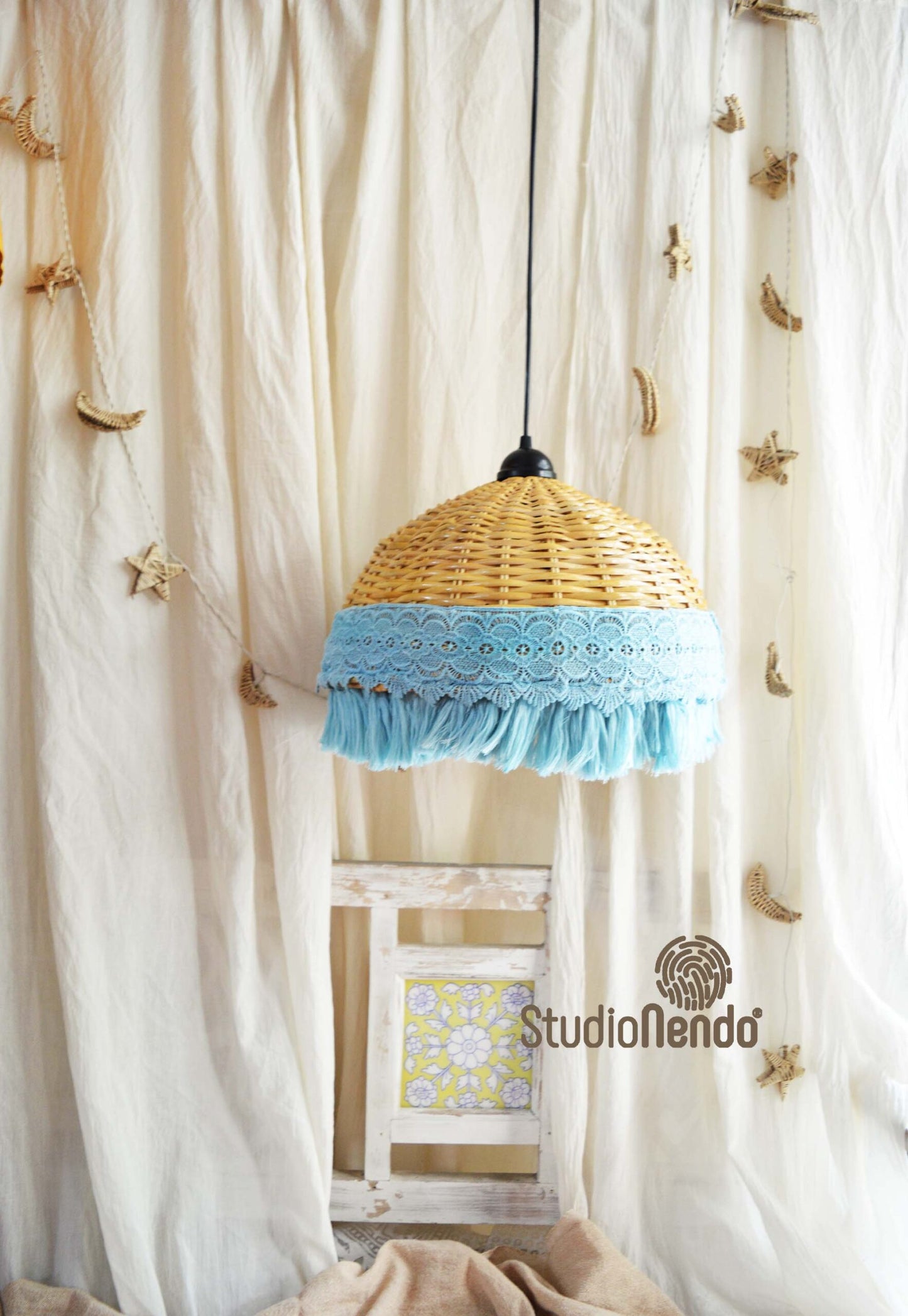 HANDWOVEN CANE PENDANT LIGHT (MEDIUM)- AQUA