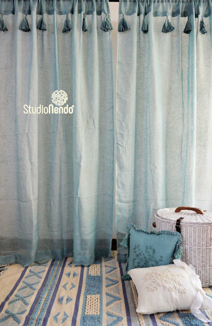 Handmade Linen Sheer Curtain- Cool Sky Blue