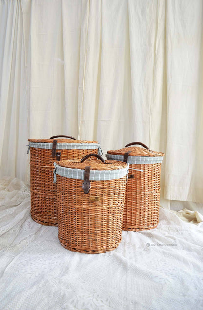 Natural Wicker Round Laundry Basket- Medium- Pinstripe Aqua Grey