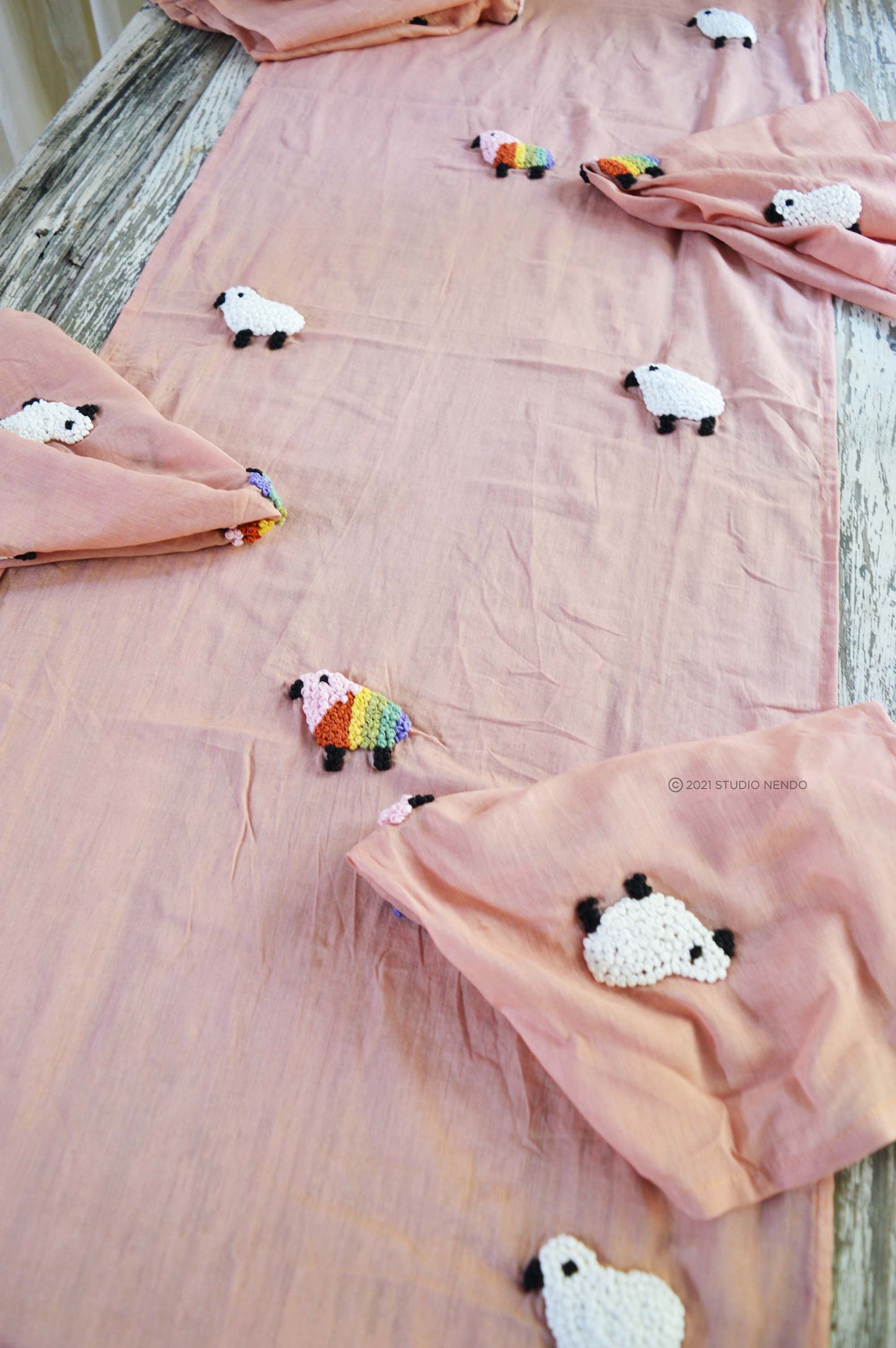 Hand Embroidered Table Runner & Napkin Set- Counting Sheep