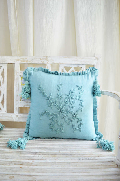 Hand embroidered Linen Cushion Cover- Cool Sky Blue