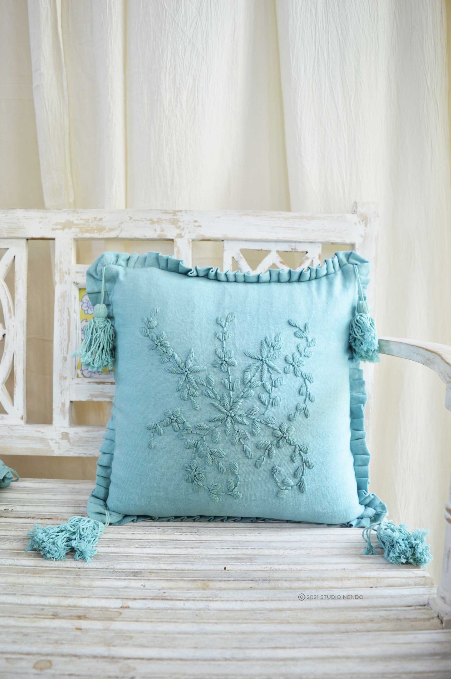 Hand embroidered Linen Cushion Cover- Cool Sky Blue