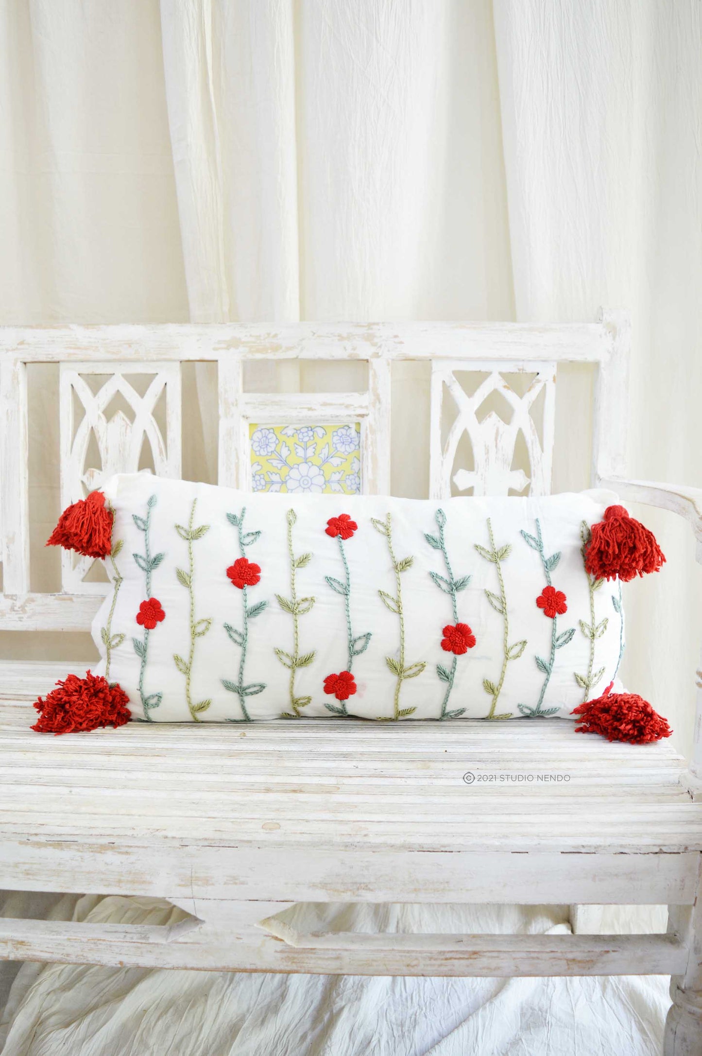 Hand embroidered Mulmul Cushion(with filler)- Flowering Meadow Series- Poppy