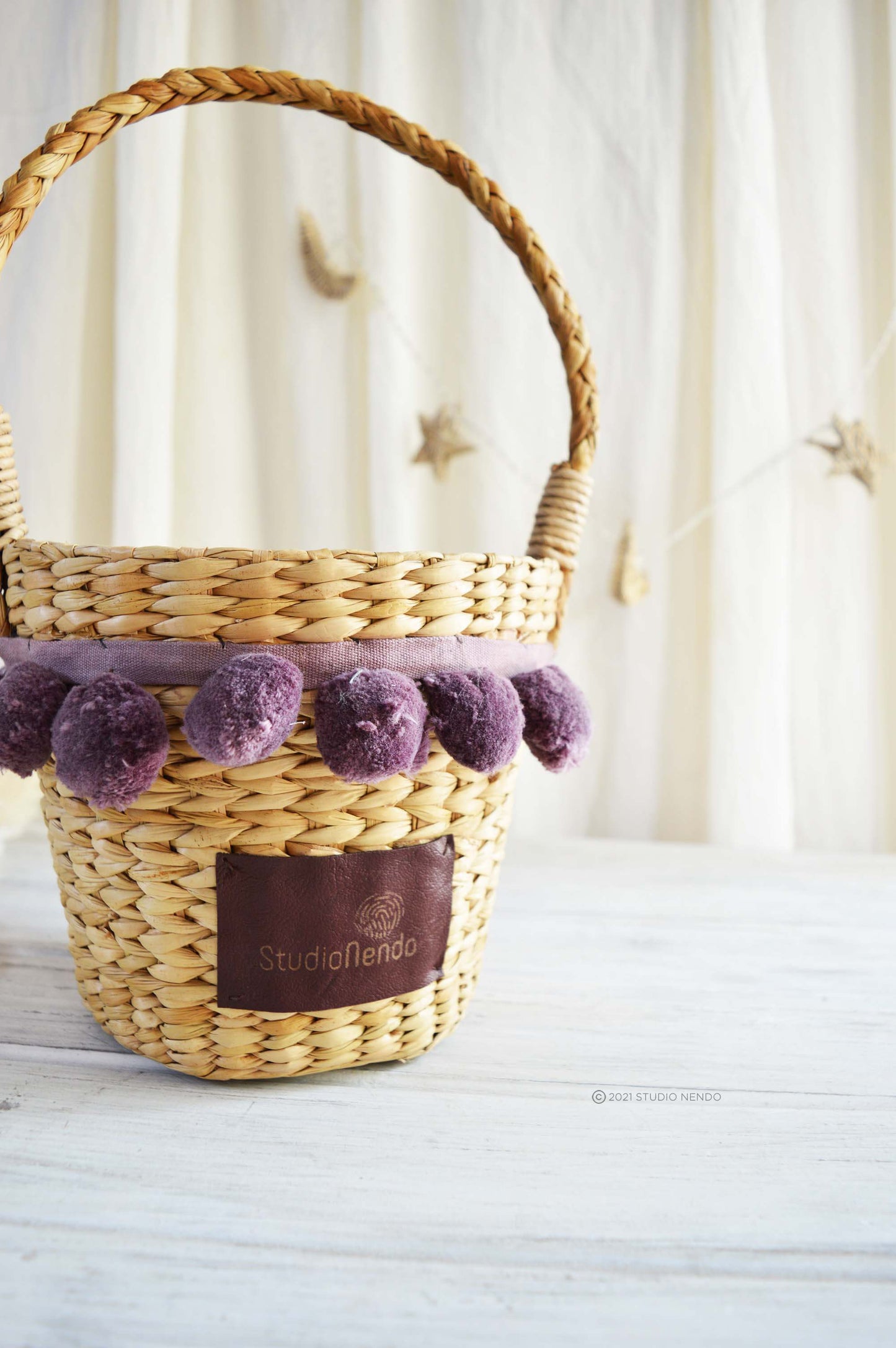 Sea Grass Pom-Pom Basket- Wineberry