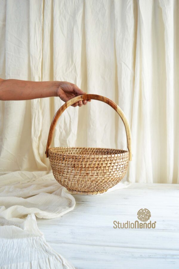Cane Produce Basket with Wooden Handle