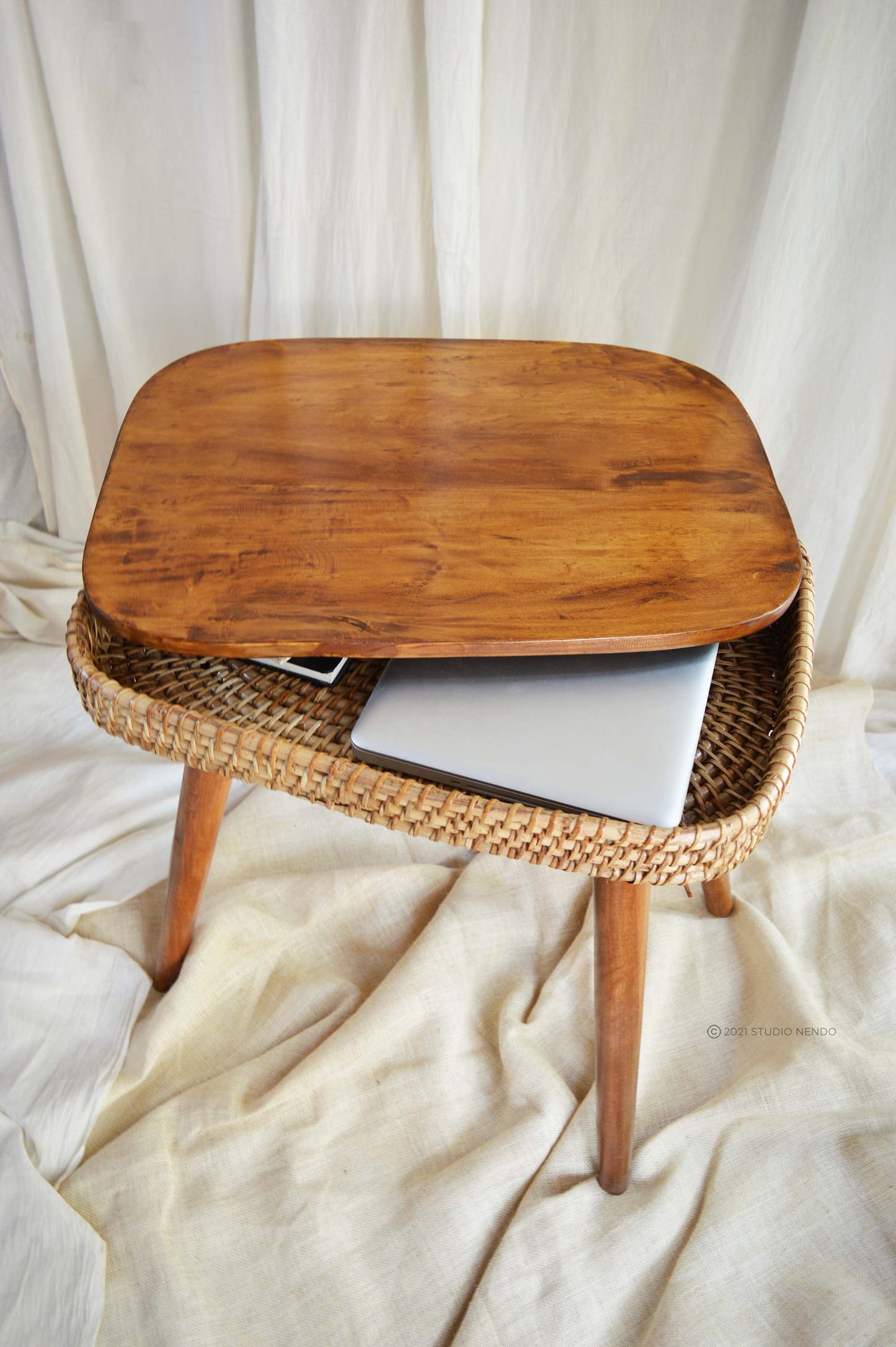 Standing Storage Basket/Laptop Table/Coffee table- Cane & Wood