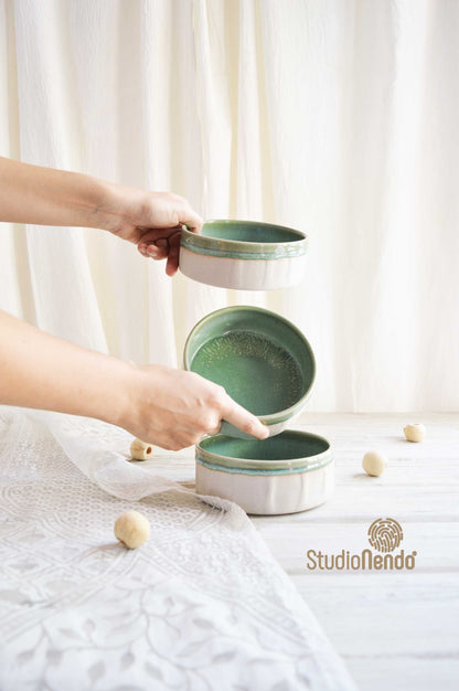 FACETED SERVING BOWLS- MOTTLED GREEN