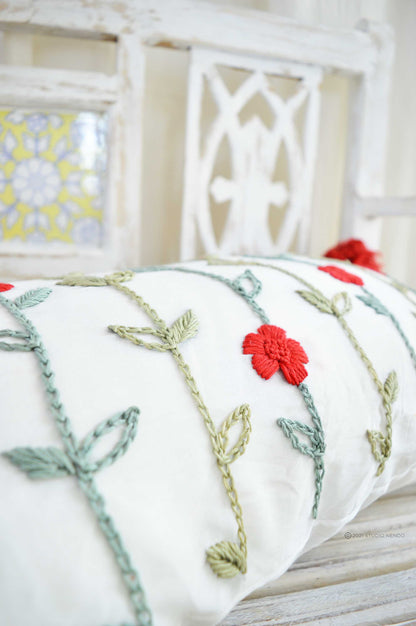 Hand embroidered Mulmul Cushion(with filler)- Flowering Meadow Series- Poppy