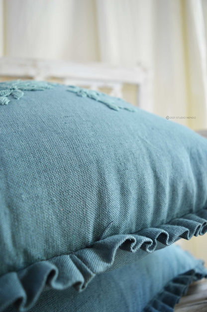 Hand embroidered Linen Cushion Cover- Indian Teal Blue