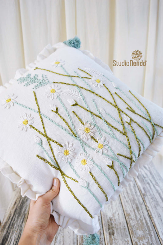 Hand Embroidered Linen Cushion Cover- Flowering Meadow Series- Daisy #3