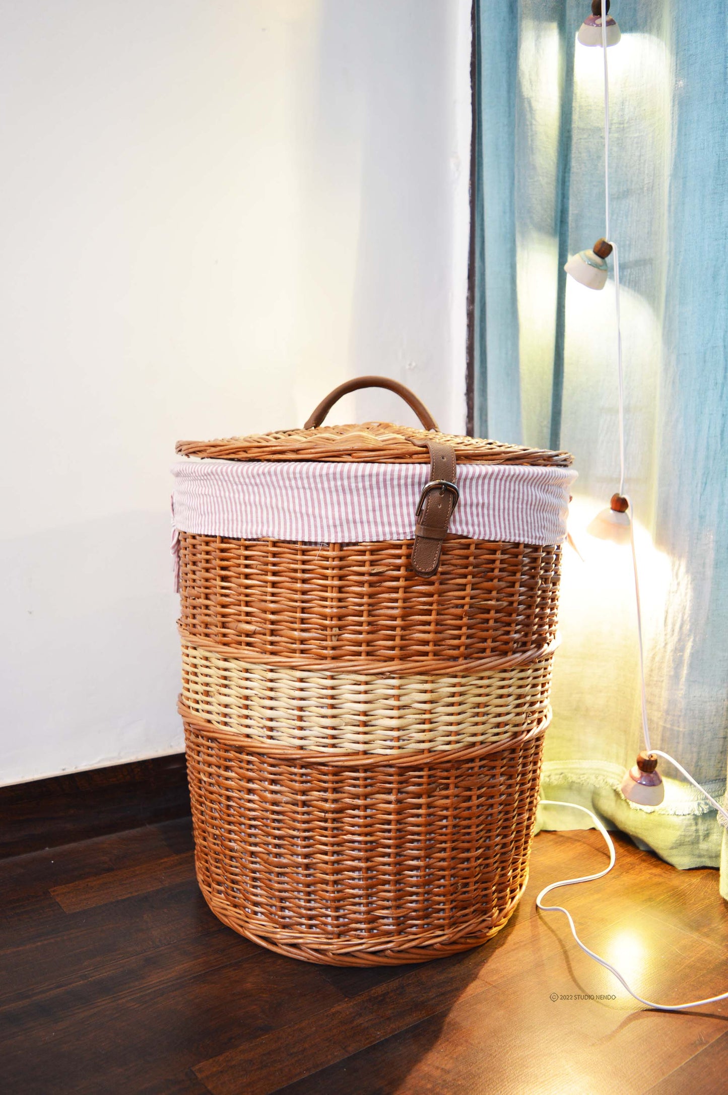 Natural Wicker Laundry Basket- Red Stripe
