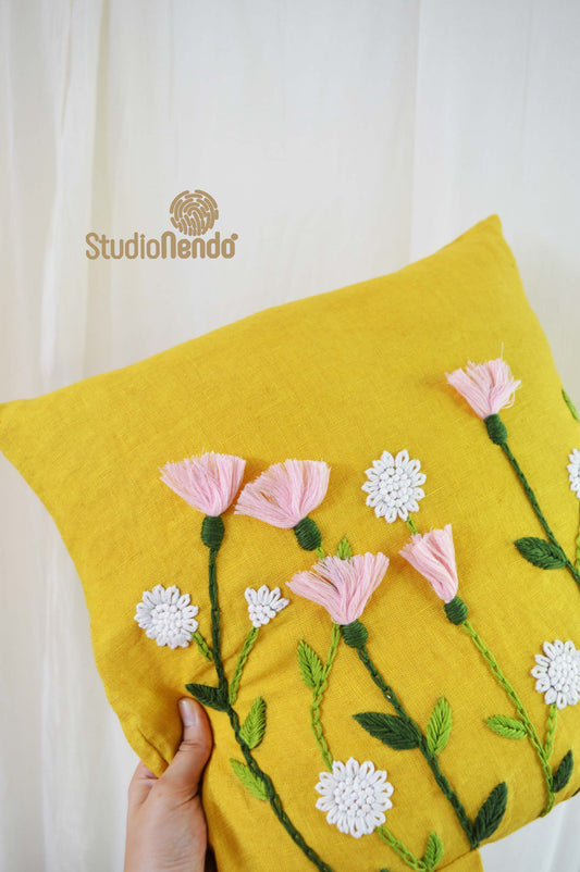Hand Embroidered Linen Cushion Cover- Flowering Meadow- Honey Yellow-#1