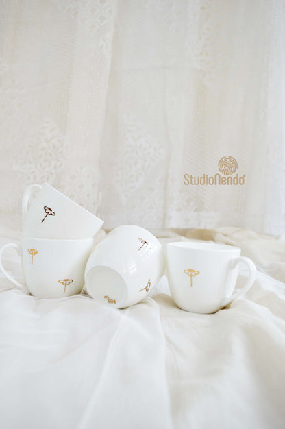Hand Painted Series- Teacups (Set of 4)- Golden Daisy
