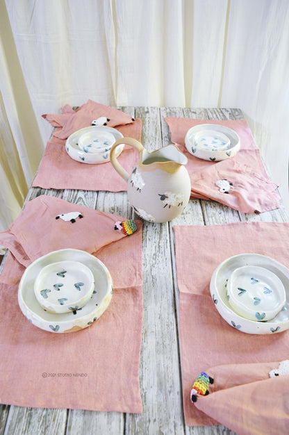 Hand Embroidered Table Mat and Napkin Set- Counting Sheep