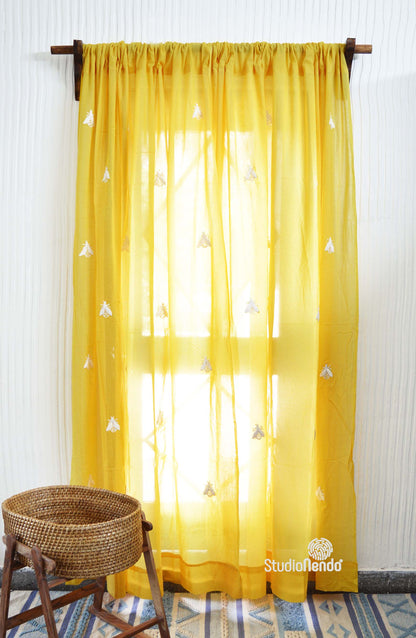 Hand Embroidered Mulmul Curtain- Honey, Bee Mine