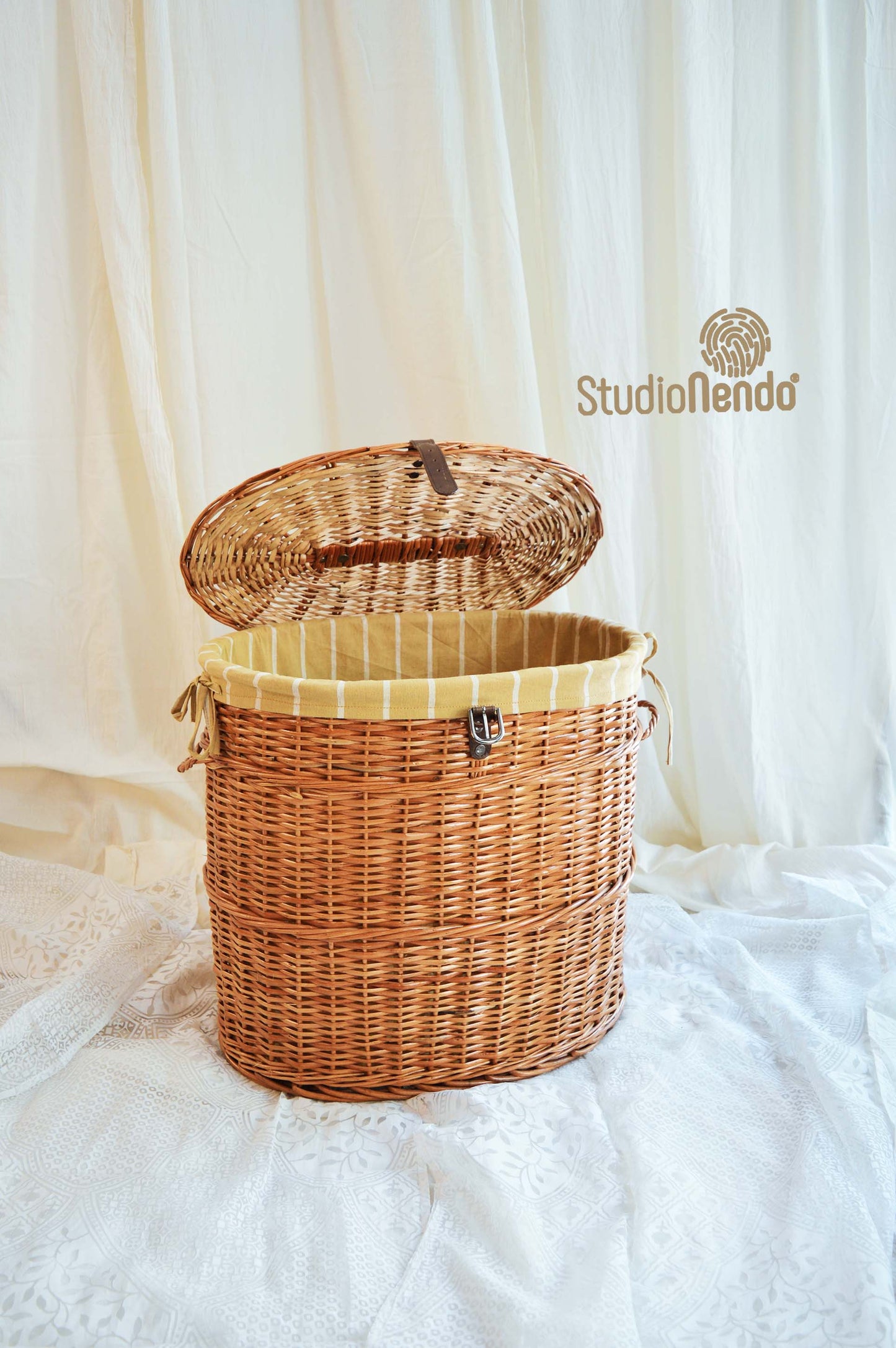 Natural Wicker Oval Laundry Basket- Striped Mustard