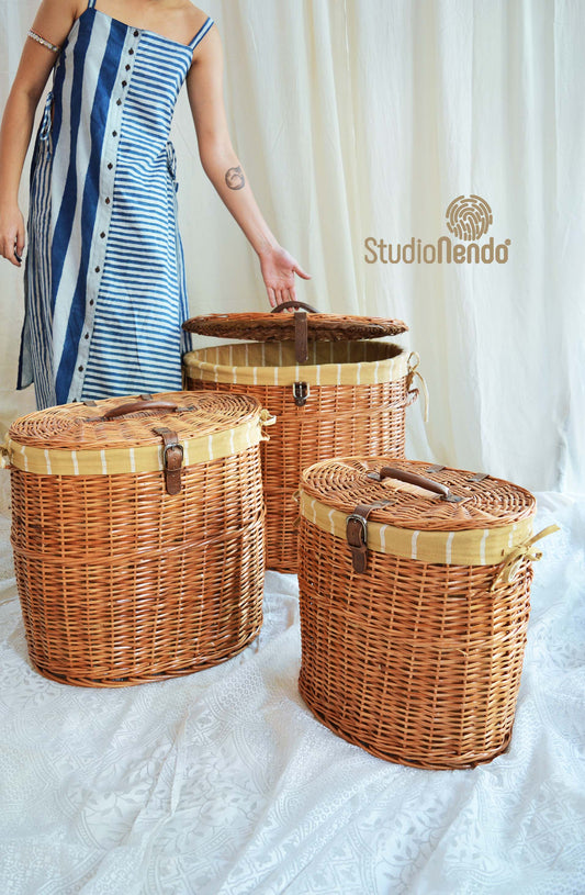 Natural Wicker Oval Laundry Basket- Striped Mustard