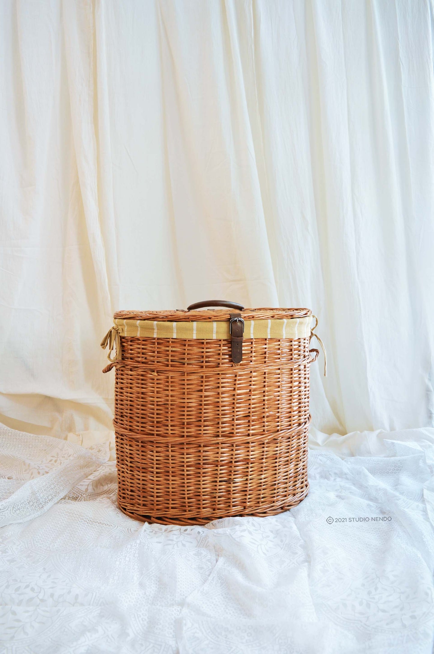 Natural Wicker Oval Laundry Basket- Striped Mustard