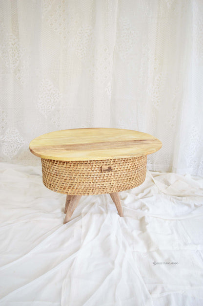 Cane Standing Storage Basket- Oval with Wooden Lid