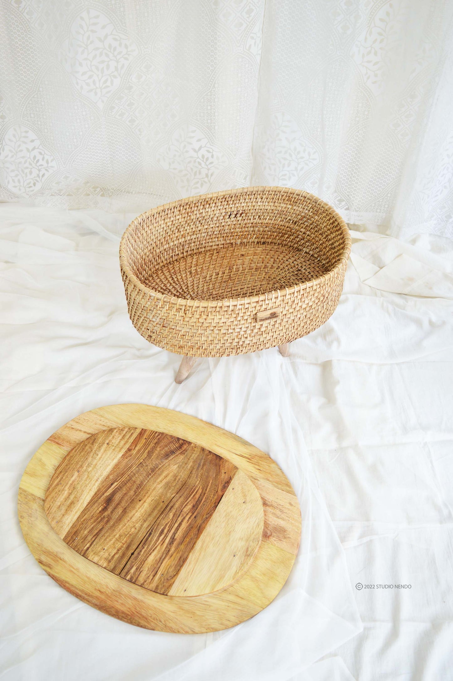 Cane Standing Storage Basket- Oval with Wooden Lid