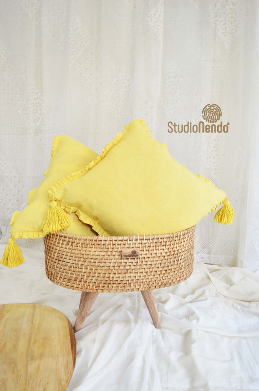 Linen Cushion Cover with Tassles- Sunshine Yellow