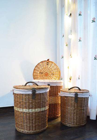 Natural Wicker Laundry Basket- Pink Bloom