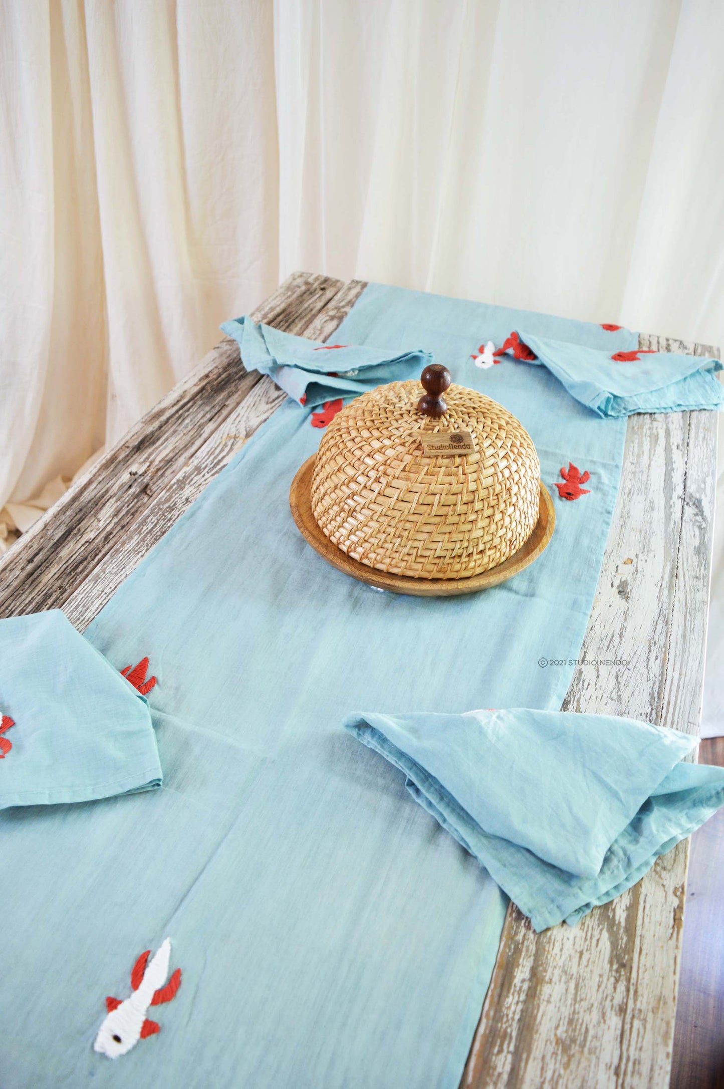 Hand Embroidered Table Runner & Napkin Set- Just Keep Swimmin'